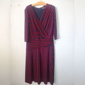 Ralph Lauren Red and Blue Ruched Faux Wrap Dress V-Neck